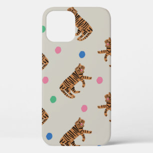vintage hand-drawn tiger and colourful polka dots iPhone 12 case