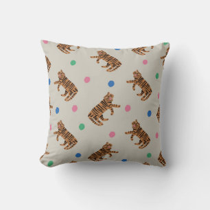 vintage hand-drawn tiger and colourful polka dots cushion