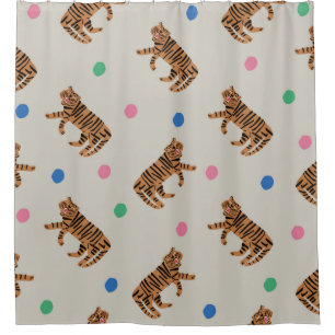 vintage hand-drawn tiger and colourful polka dots  shower curtain