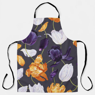 Vintage Hand-Drawn Tulips Dark Pattern Apron