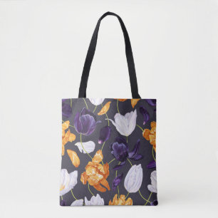 Vintage Hand-Drawn Tulips Dark Pattern Tote Bag