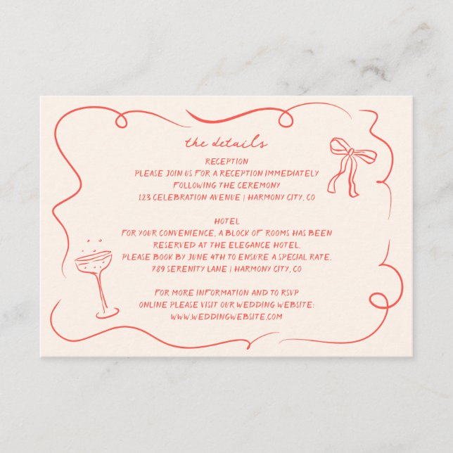 Vintage Hand Drawn Wedding Details Card (Front)