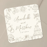 Vintage Hand Drawn Whimsical Wedding Square Sticker<br><div class="desc">Personalized Hand-Drawn Quirky Wedding Stickers. These fun and playful square wedding stickers feature quirky doodle illustrations surrounding the design, including a champagne tower, wedding cake, disco ball, hearts, wedding bells, rings, cameras, and more. The bride and groom’s names and wedding date are elegantly displayed beneath this whimsical artwork in a...</div>