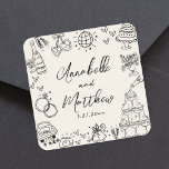 Vintage Hand Drawn Whimsical Wedding Square Sticker<br><div class="desc">Personalised Hand-Drawn Quirky Wedding Stickers. These fun and playful square wedding stickers feature quirky doodle illustrations surrounding the design, including a champagne tower, wedding cake, disco ball, hearts, wedding bells, rings, cameras, and more. The bride and groom's names and wedding date are elegantly displayed beneath this whimsical artwork in a...</div>