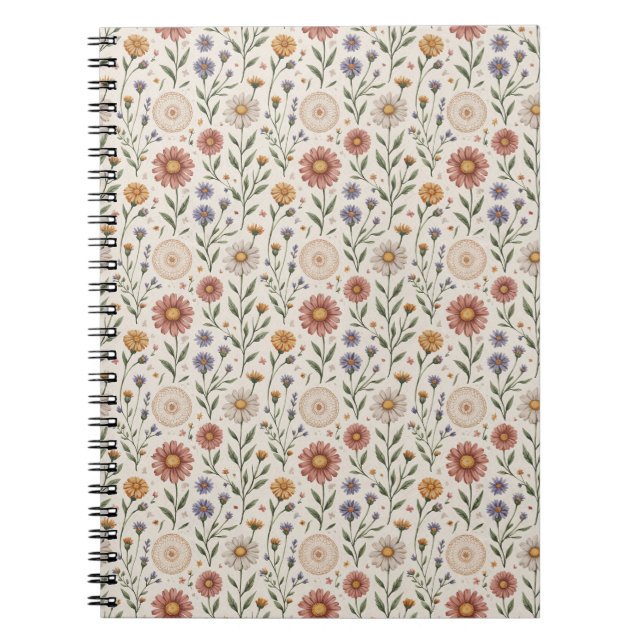  Vintage Hand-Drawn Wildflowers Patchwork Seamless Notebook (Front)