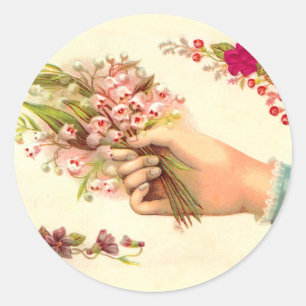 Vintage Hand of Love Offering Lilies of the Valley Classic Round Sticker