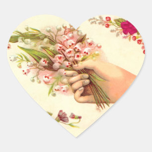 Vintage Hand of Love Offering Lilies of the Valley Heart Sticker