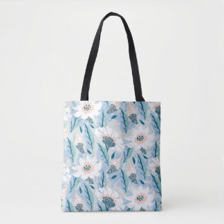Vintage hand painted floral pattern with big white tote bag