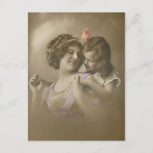 Vintage Hand-Tinted Mother/Daughter Portrait Holiday Postcard