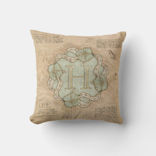 Vintage Handcrafted Letter H Word Art Green Gold   Cushion