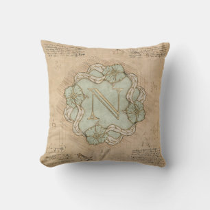Vintage Handcrafted Letter N Word Art Green Gold Cushion