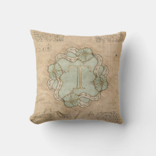 Vintage Handcrafted Letter T Word Art Green Gold   Cushion