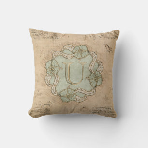 Vintage Handcrafted Letter U Word Art Green Gold Cushion