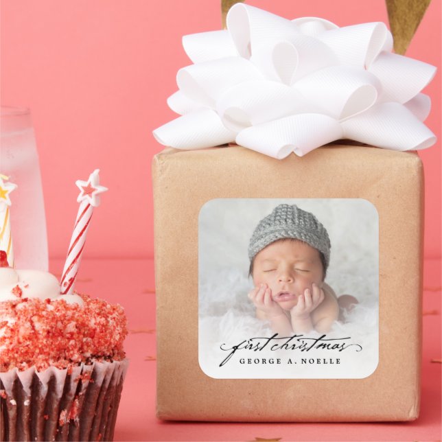 Vintage Handwriting Baby's 1st Christmas Photo Square Sticker (Party)