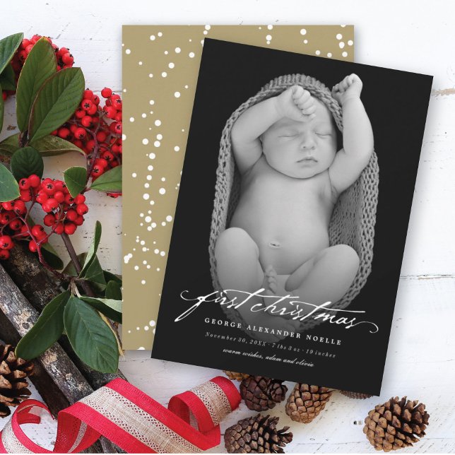 Vintage Handwriting Baby's First Christmas Photo Holiday Card (Creator Uploaded)