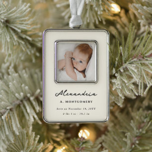 Vintage Handwriting Baby's Little Christmas Photo Silver Plated Framed Ornament