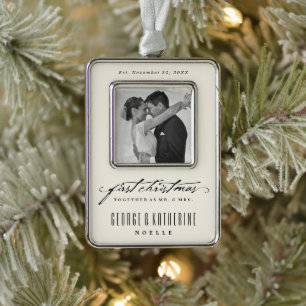 Vintage Handwriting First Christmas Photo Wedding Silver Plated Framed Ornament