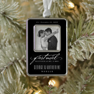 Vintage Handwriting First Noel Photo Wedding Silver Plated Framed Ornament