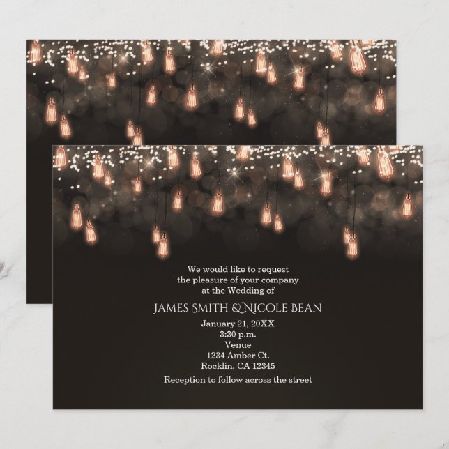 Vintage Hanging Light Bulbs Rustic Wedding Invitation (Front/Back)