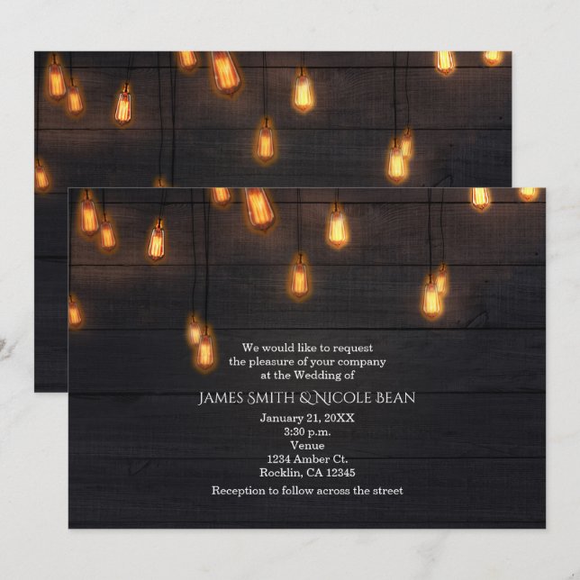 Vintage Hanging Light Bulbs Rustic Wood Wedding Invitation (Front/Back)