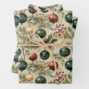 Vintage Hanging Ornaments, Berries, Pine Branches Wrapping Paper Sheet