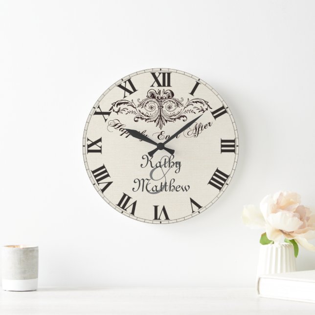Vintage Happily Ever After Personalised Wedding Large Clock (Home)