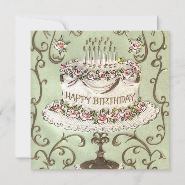 Vintage Happy Birthday Cake Holiday Card (Front)
