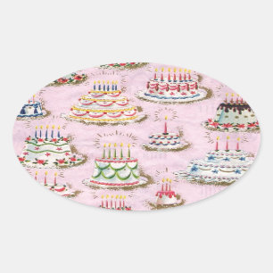 Vintage Happy Birthday Cakes Oval Sticker