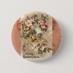 Vintage Happy Birthday Card Artwork 6 Cm Round Badge