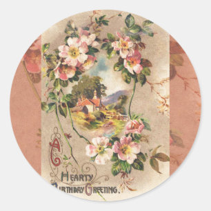 Vintage Happy Birthday Card Artwork Classic Round Sticker