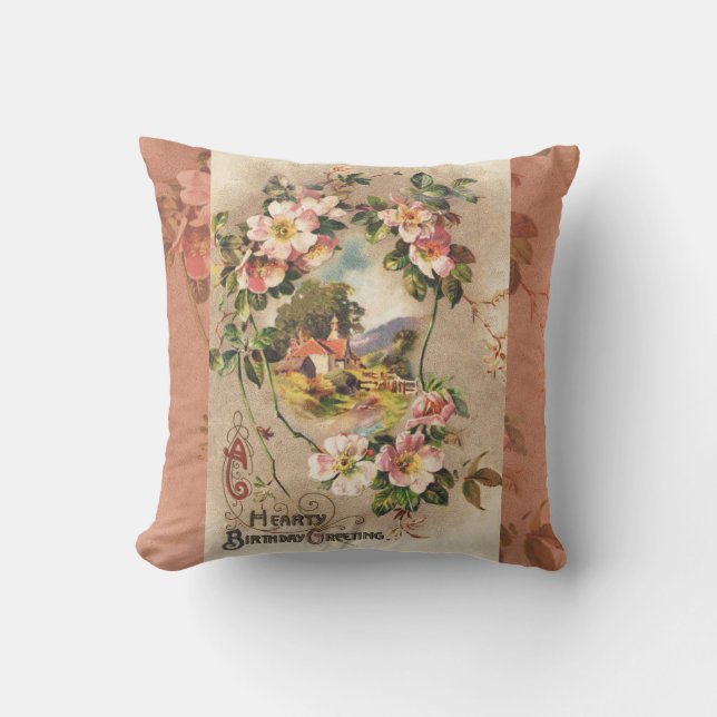 Vintage Happy Birthday Card Artwork Cushion (Front)