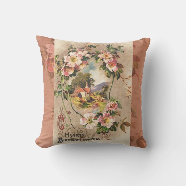 Vintage Happy Birthday Card Artwork Cushion (Front)