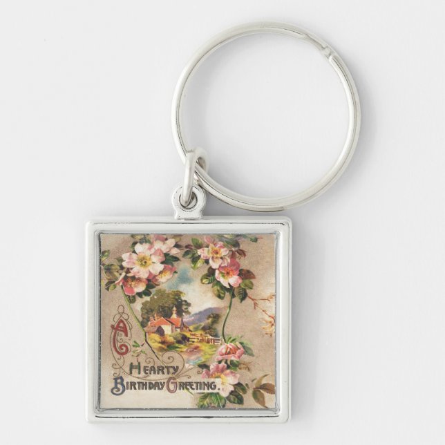 Vintage Happy Birthday Card Artwork Key Ring (Front)