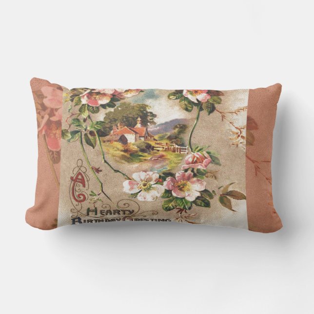 Vintage Happy Birthday Card Artwork Lumbar Cushion (Front)