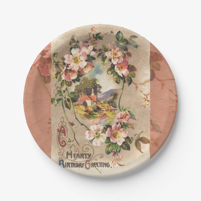 Vintage Happy Birthday Card Artwork Paper Plate (Front)