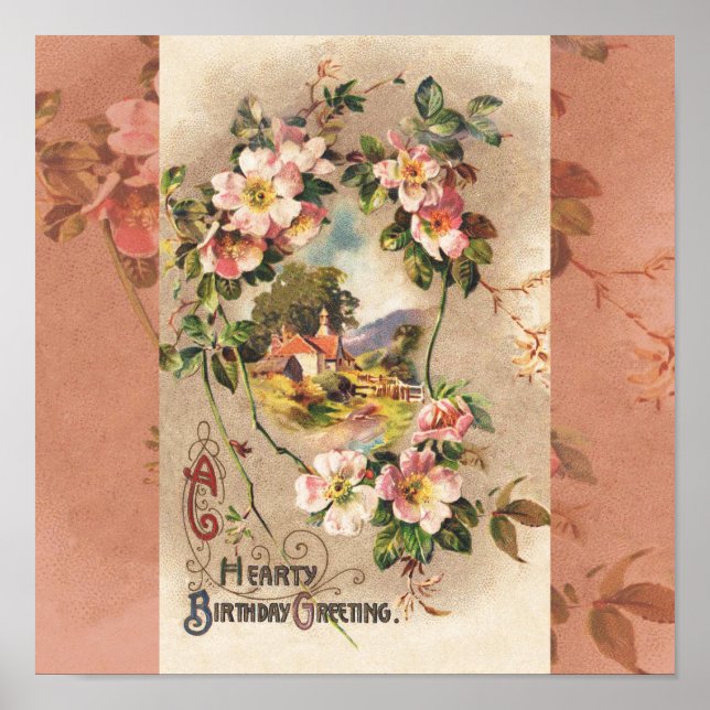 Vintage Happy Birthday Card Artwork Poster (Front)