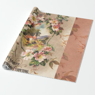 Vintage Happy Birthday Card Artwork Wrapping Paper
