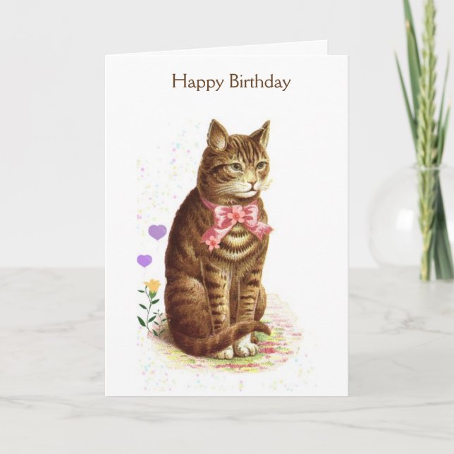 Vintage Happy Birthday Cat (Message Inside), Card (Front)
