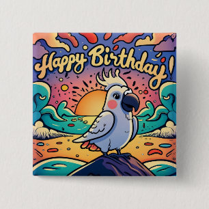 Vintage Happy Birthday Colourful Parrot Bird 15 Cm Square Badge