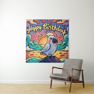 Vintage Happy Birthday Colourful Parrot Bird Tapestry