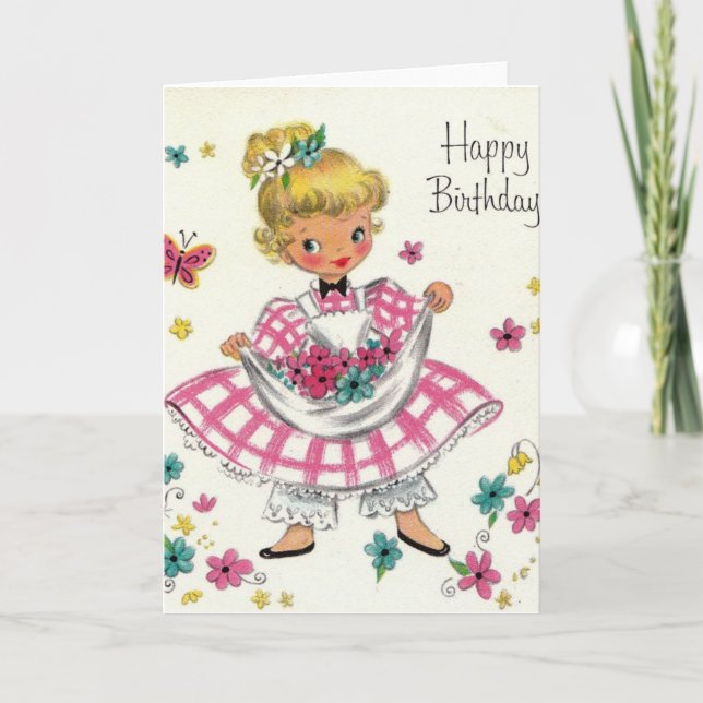 Vintage Happy Birthday Girl In Dress Card (Front)