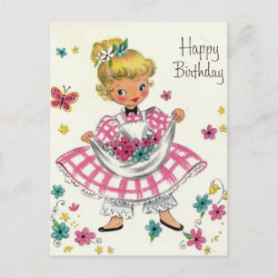 Vintage Happy Birthday Girl In Dress Postcard