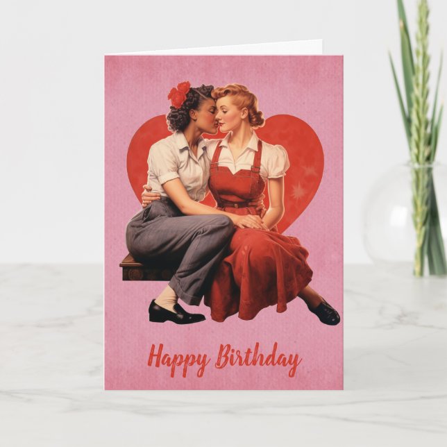 Vintage Happy Birthday Lesbian Couple Card (Front)