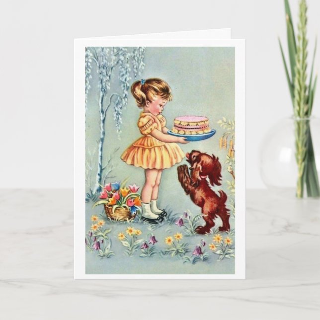 Vintage Happy Birthday Little Girl With Cake Card (Front)