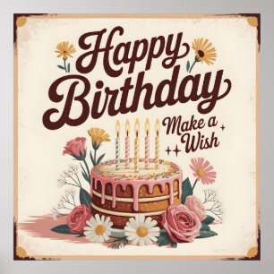 Vintage "Happy Birthday - Make a Wish" Floral Cake Poster