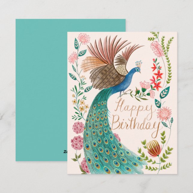 Vintage Happy Birthday Peacock  Holiday Card (Front/Back)