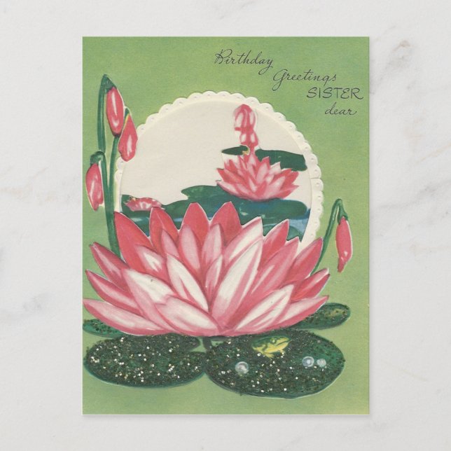 Vintage Happy Birthday Sister With Lily Pad Postcard (Front)