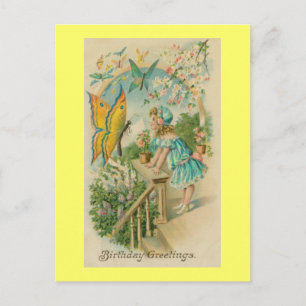 Vintage Happy Birthday Spring Butterflies Postcard