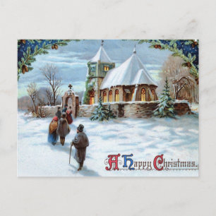 Vintage Happy Christmas Celebration in Church Postcard