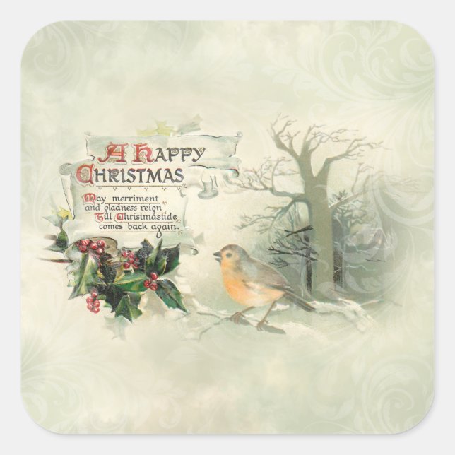 Vintage Happy Christmas Scroll, Holly & Cardinal Square Sticker (Front)